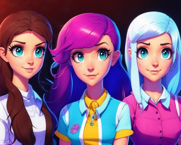 Three Animated Characters with Colorful Hair and Outfits