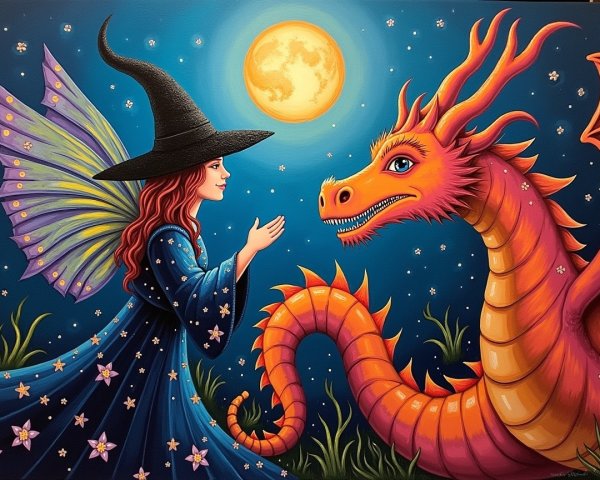 Young Witch and Orange Dragon Under Full Moon