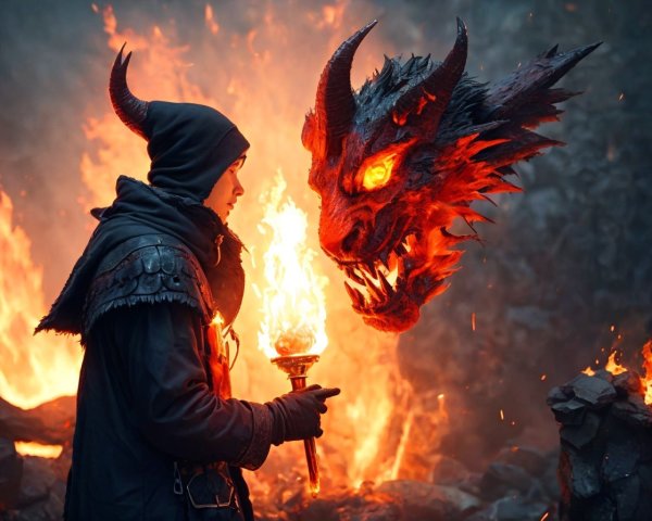 Cloaked Figure Confronts Dragon in Fiery Chaos