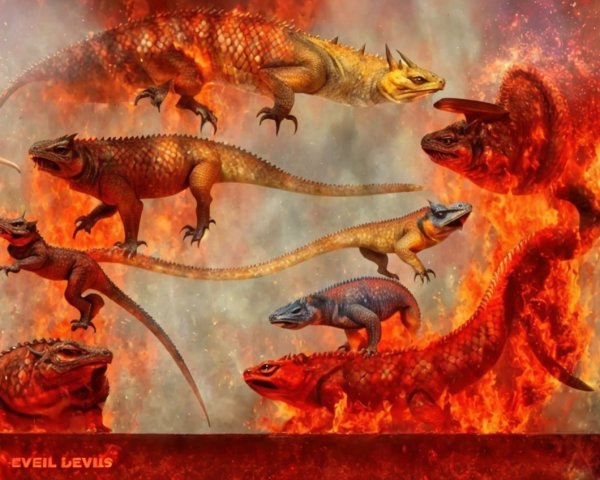 Vibrant Lizard-Like Creatures in Fiery Inferno Scene