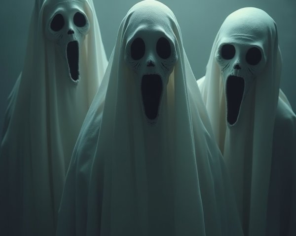 Ghostly Figures in White Fabric in Misty Darkness