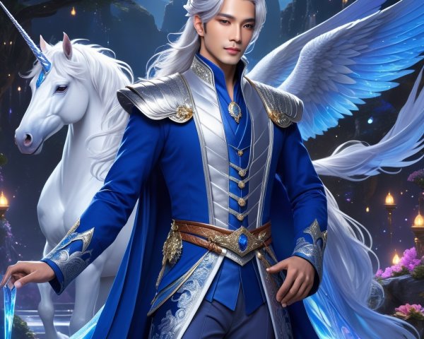 Regal Figure in Fantasy Realm with Unicorn and Armor