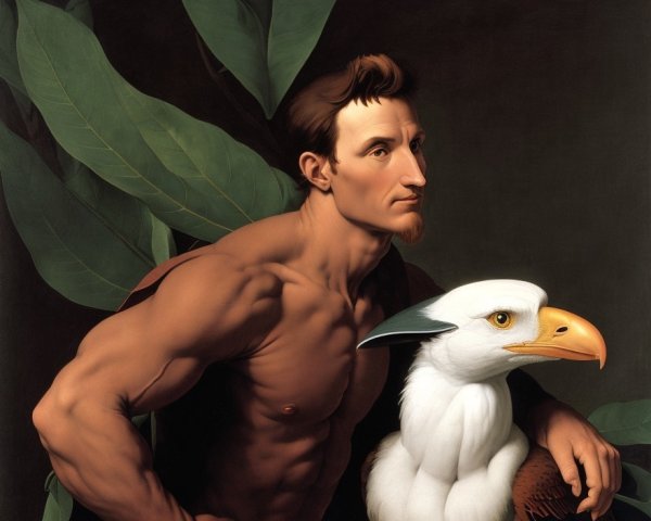 Muscular Man and Mythical Eagle in Lush Setting