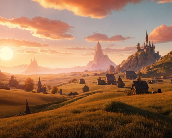 Sunset Landscape with Castle and Rolling Hills