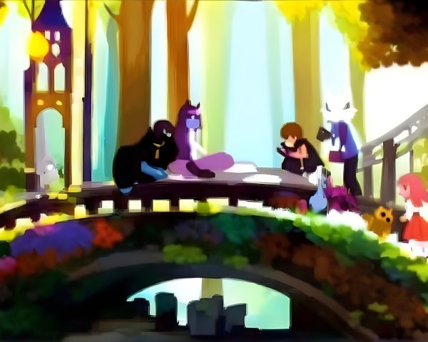 Gathering of Characters on a Flower-Adorned Bridge