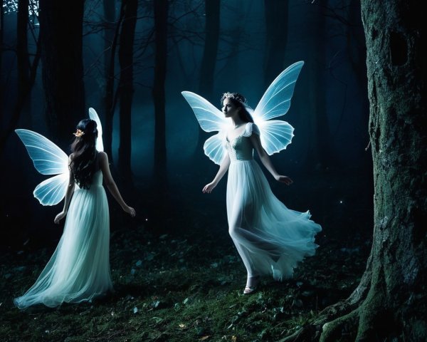 Mystical Forest with Ethereal Winged Figures Dancing