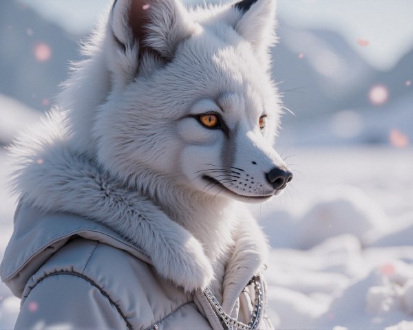 Stylized anthropomorphic fox in snowy landscape scene