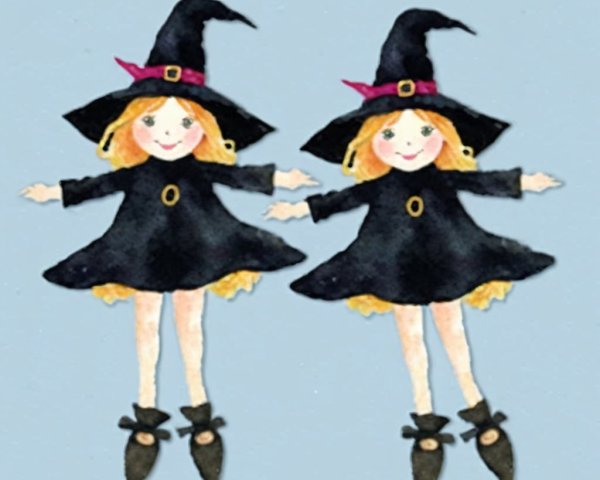 Cartoon Witches in Black Dresses and Pointed Hats