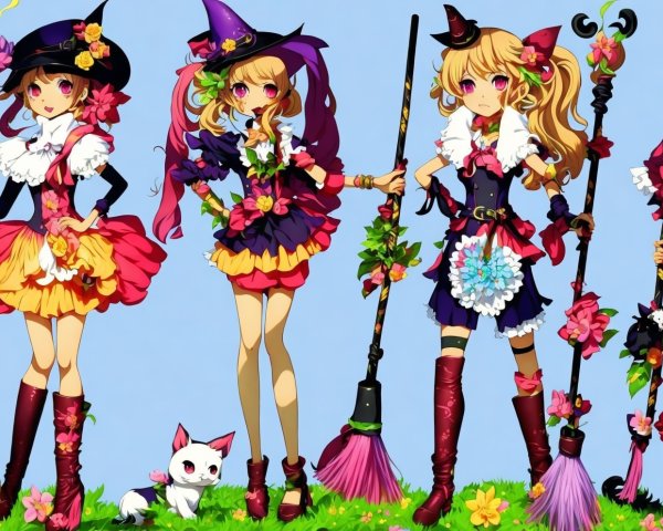Colorful Witches with Unique Accessories in Bright Scene
