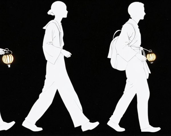Silhouette Figures Walking with Lanterns in Traditional Attire