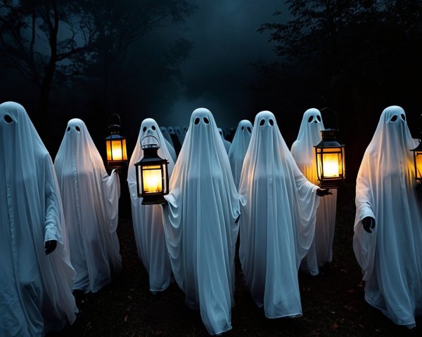 Ghostly Figures in White Sheets in Dark Forest