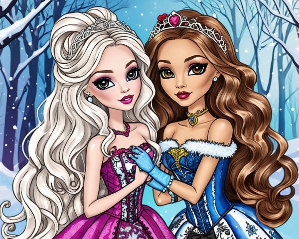 Elegant dolls in snowy landscape with winter attire