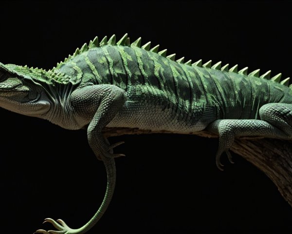 Green Lizard on Branch with Textured Skin and Spines