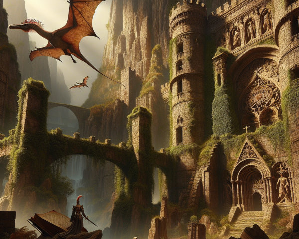 Mystical Castle Surrounded by Cliffs and Pterosaurs