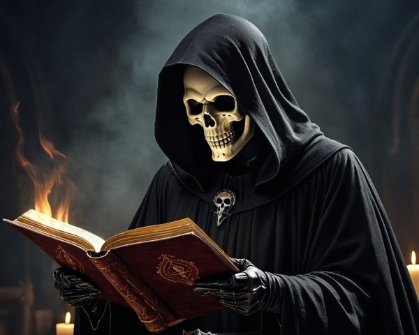 Cloaked Figure with Skull Head in Dimly Lit Setting