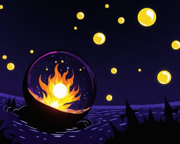 Glowing Orb and Flames Above Tranquil Water Scene