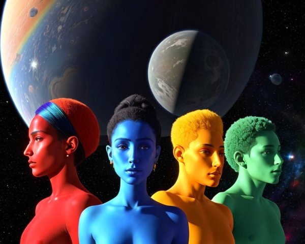Four Women in Vibrant Colors Against Cosmic Background