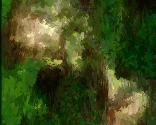 Abstract Landscape with Vibrant Greens and Blue Bird