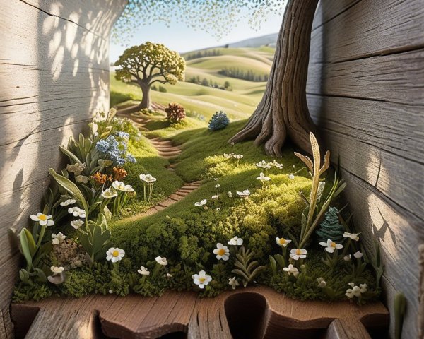 Serene Diorama of a Lush Landscape in Detail