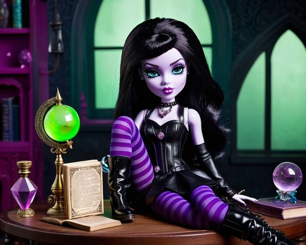 Mystical Doll with Black Hair and Green Eyes Displayed