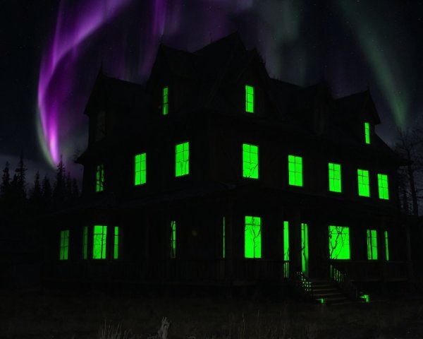 Mansion Under Starlit Sky with Eerie Auroras