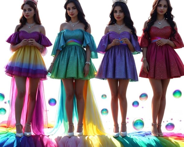 Four Women in Colorful Sparkling Dresses with Tiaras