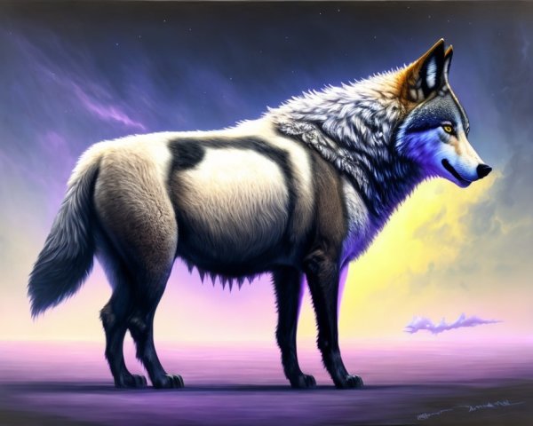 Majestic wolf in surreal landscape with vibrant colors