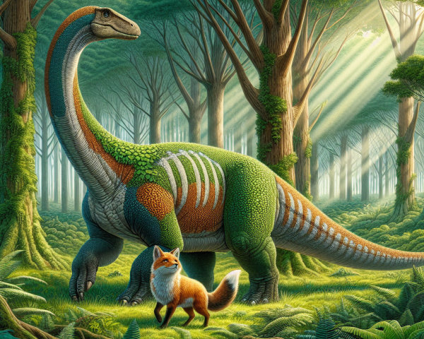 Colorful Dinosaur and Fox in Prehistoric Forest Scene
