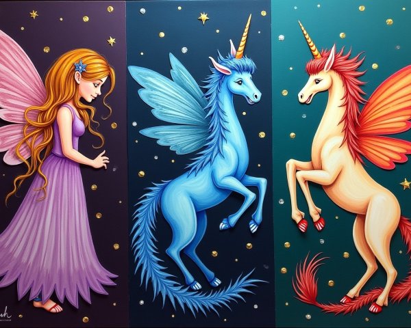 Whimsical Panels of Fairies and Winged Unicorns