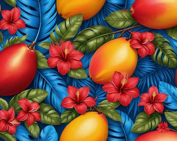 Vibrant Tropical Pattern with Mangoes and Hibiscus Flowers