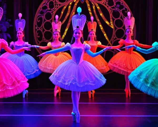 Ballet Dancers in Colorful Tutus and Whimsical Crowns