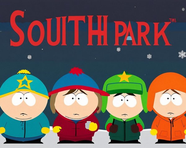 Four Iconic Characters from South Park in Snowy Scene