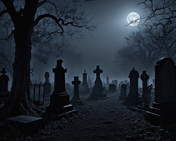 Haunting graveyard with moonlit tombstones and fog