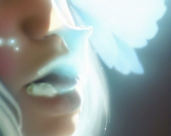 Close-up of a serene face with flowing hair and butterflies