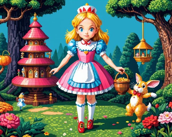 Pixel-Art Scene of Girl with Rabbit and Mushroom Houses