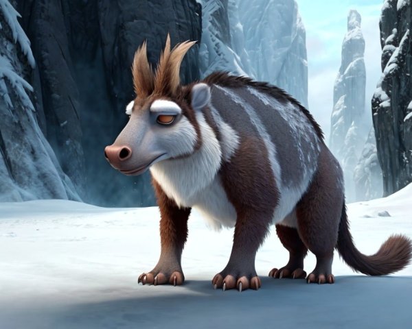 Cartoonish creature in snowy landscape with icy cliffs