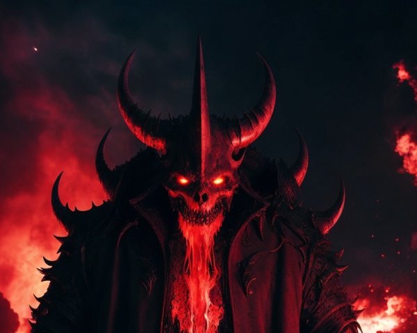 Menacing figure in dark armor against fiery backdrop