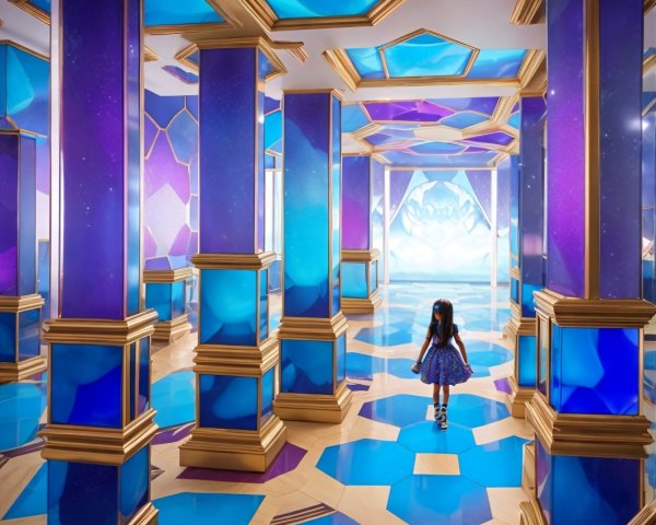 Young girl in blue dress in a vibrant, surreal room