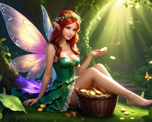 Whimsical Fairy in Sunlit Forest with Golden Coins