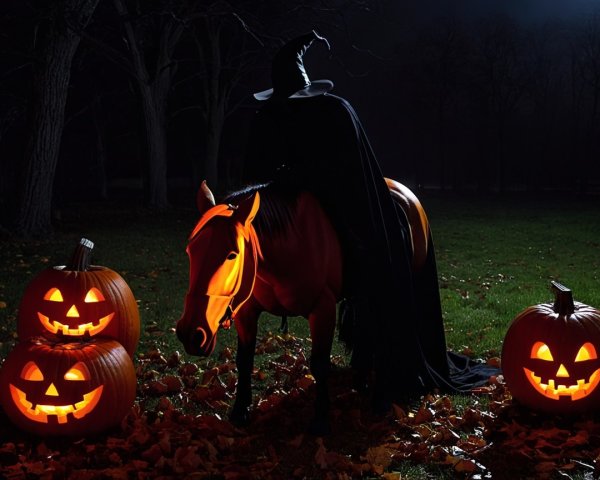 Cloaked figure on horse in moonlit forest with pumpkins