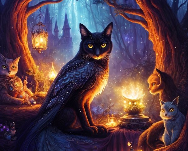 Mystical forest scene with glowing cat and creatures
