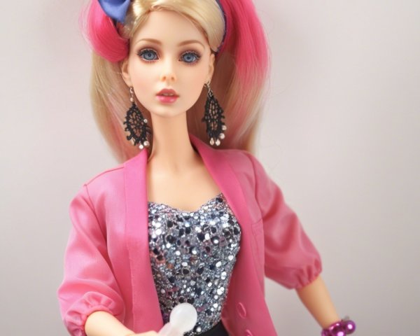 Stylish doll with blonde hair and pink highlights