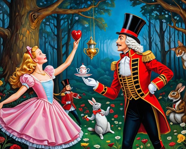 Whimsical Forest Scene with Young Woman and Creatures