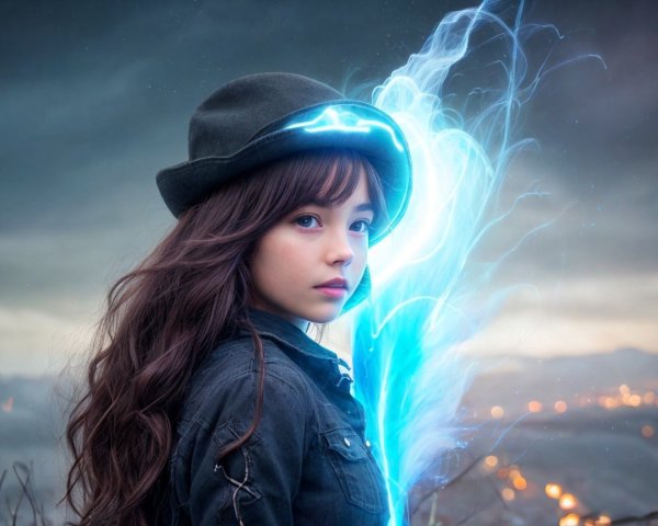Young girl in black hat amidst dramatic landscape