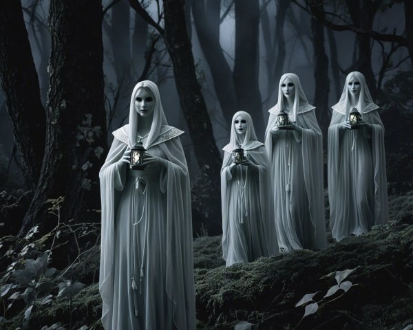 Ethereal Figures in a Dimly Lit Forest Setting