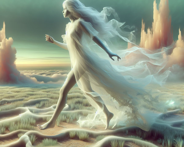 Ethereal figure in translucent gown in surreal landscape