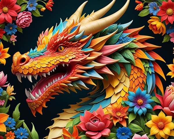 Vibrant Dragon Head Among Colorful Flowers