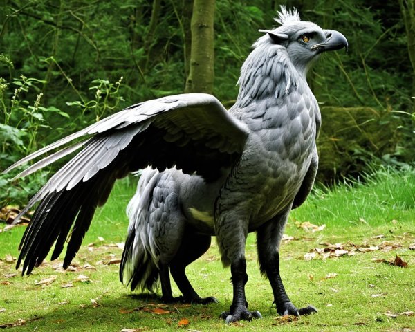 Majestic griffin in a lush green forest setting