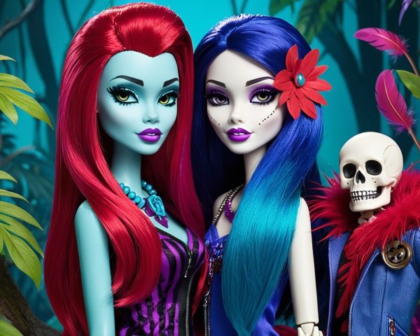 Vividly Designed Dolls in Tropical Setting with Skeleton
