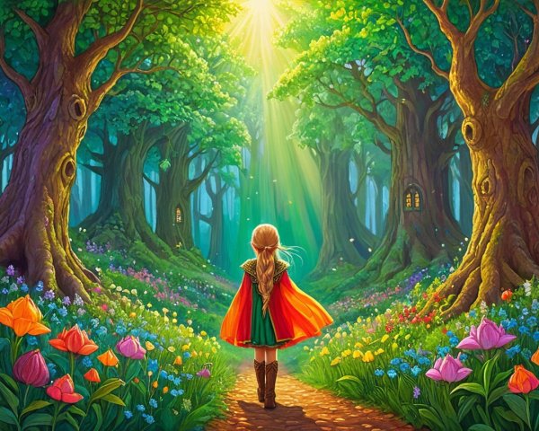 Young girl in red cape on forest path with flowers